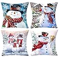 Maliton Set of 4 Christmas Pillow Covers 18x18 Inch, Decorative Christmas Smile Snowman Pillow Covers, Linen Christmas Throw Pillow Covers Suit for Sofa, Couch, Bed and Car