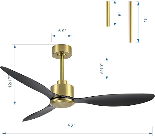 Miniatura 7 de Ventiladores de techo de 52 pulgadas sin luz, control remoto de ventilador de techo dorado y de 3 aspas negras, motor CC reversible silencioso,