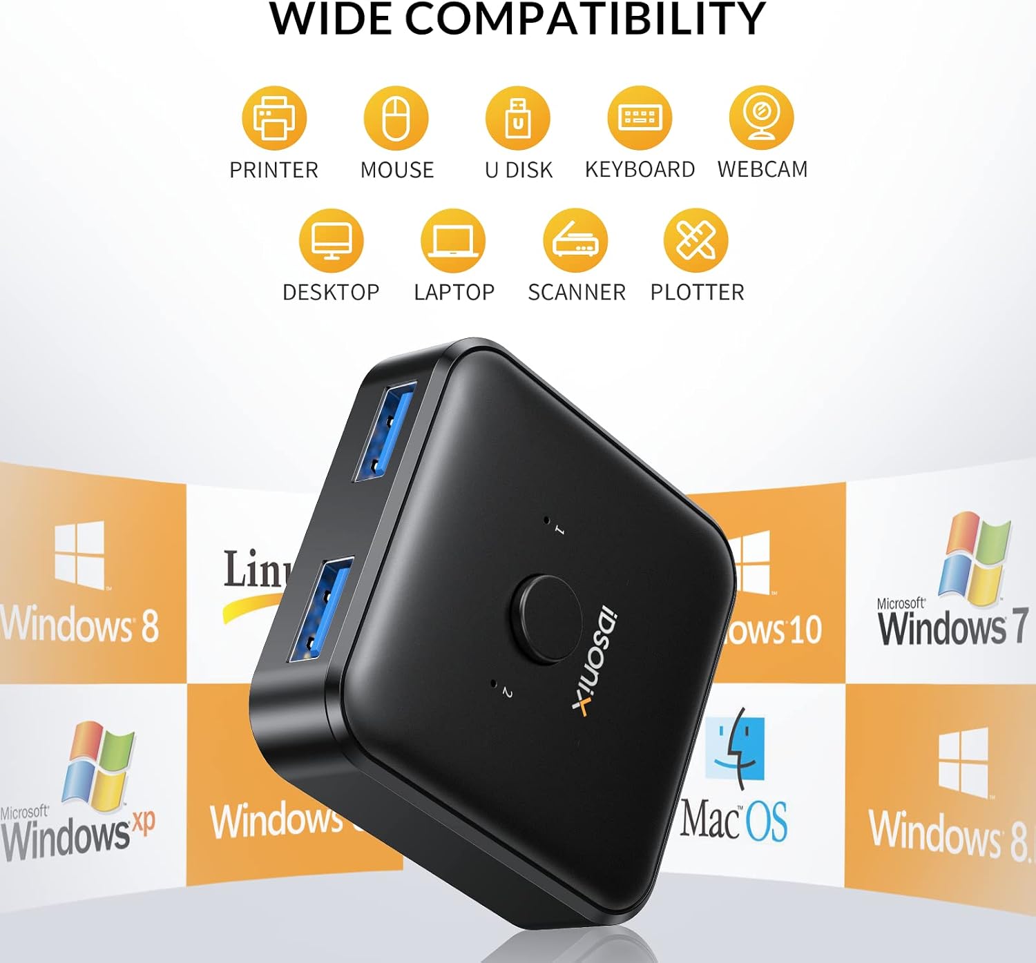 IDsonix USB 3.0 Switch 2 Computers Share 1 Device,1 in 2 Out Or 2 in 1 Out Bi-Directional for Printers/Keyboards/Mice, 5Gbps Plug and Play Switcher, 2pcs A to A 3.3ft Cables,Plastic,Black