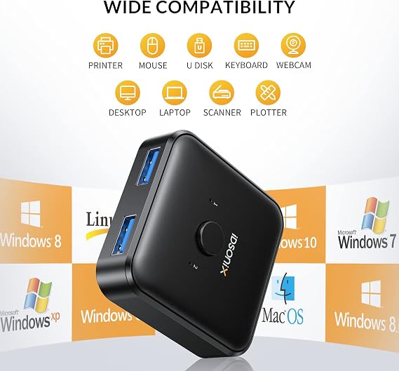 IDsonix USB 3.0 Switch 2 Computers Share 1 Device,1 in 2 Out Or 2 in 1 Out Bi-Directional for Printers/Keyboards/Mice, 5Gbps Plug and Play Switcher, 2pcs A to A 3.3ft Cables,Plastic,Black