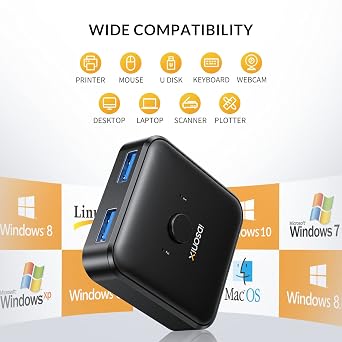 iDsonix USB 3.0 Switch 2 PC Bi-Directional USB Switch 2 in 1 out (1 in 2 out) KVM Switch for PC Printer Scanner Keyboard 2 Computers Share 1 Device