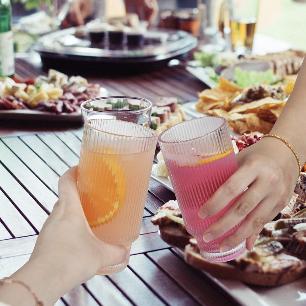 Harmin 8 Pack Ribbed Glass Cups with Straws, 12oz Vintage Glassware Set, Cute Iced Coffee Cups Ideal Gifts for Cocktail Whiskey Milk and Juice