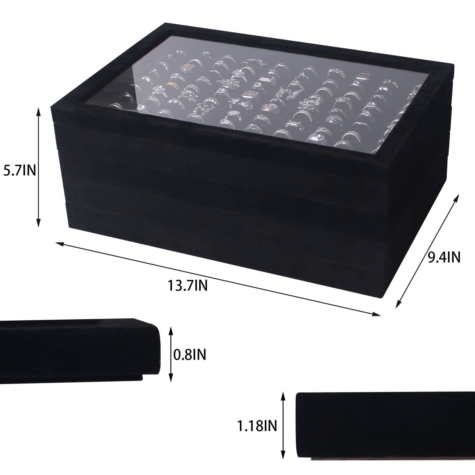 Set di 5 vassoi impilabili per gioielli, anelli, collane, orecchini, bracciali, espositori, vassoi con coperchio in vetro (velluto nero)