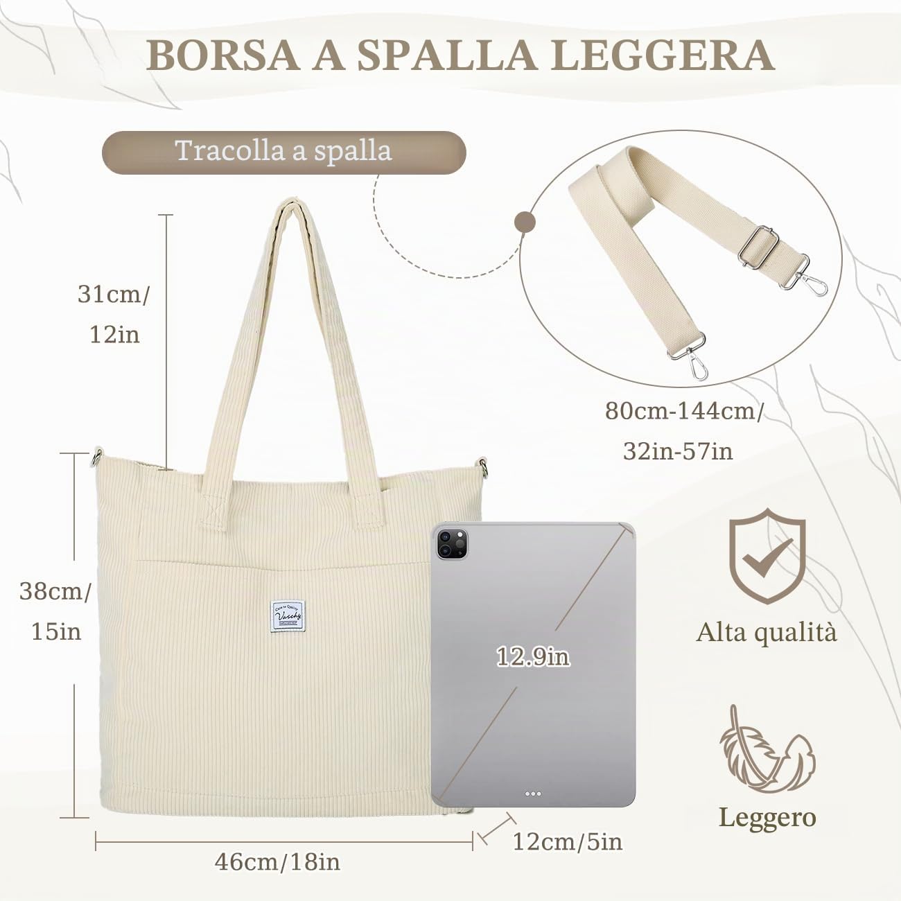 VASCHY Tote Bag, Borsa Donna Grande Borsa Università Donna Velluto a Coste Borsa Mare Borsa da Viaggio/Shopping/Lavoro/Ufficio/Scuola Regalo di Natale