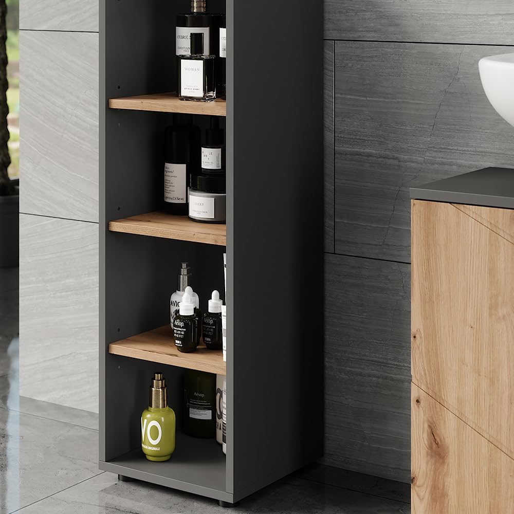 Vicco Mueble Midi Irma, Antracita/Roble Dorado, 30 x 95 cm | 4 compartimentos, para guardar artículos de baño y productos de cuidado personal