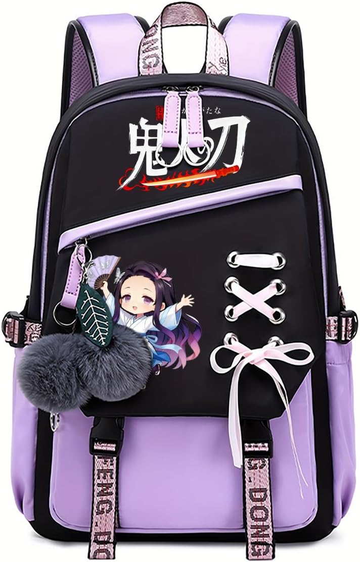 Cute Anime Style Backpack for Girls Cartoon Backpack for Teens Students Fashion School Bag with Pompom Charm (Black Purple)