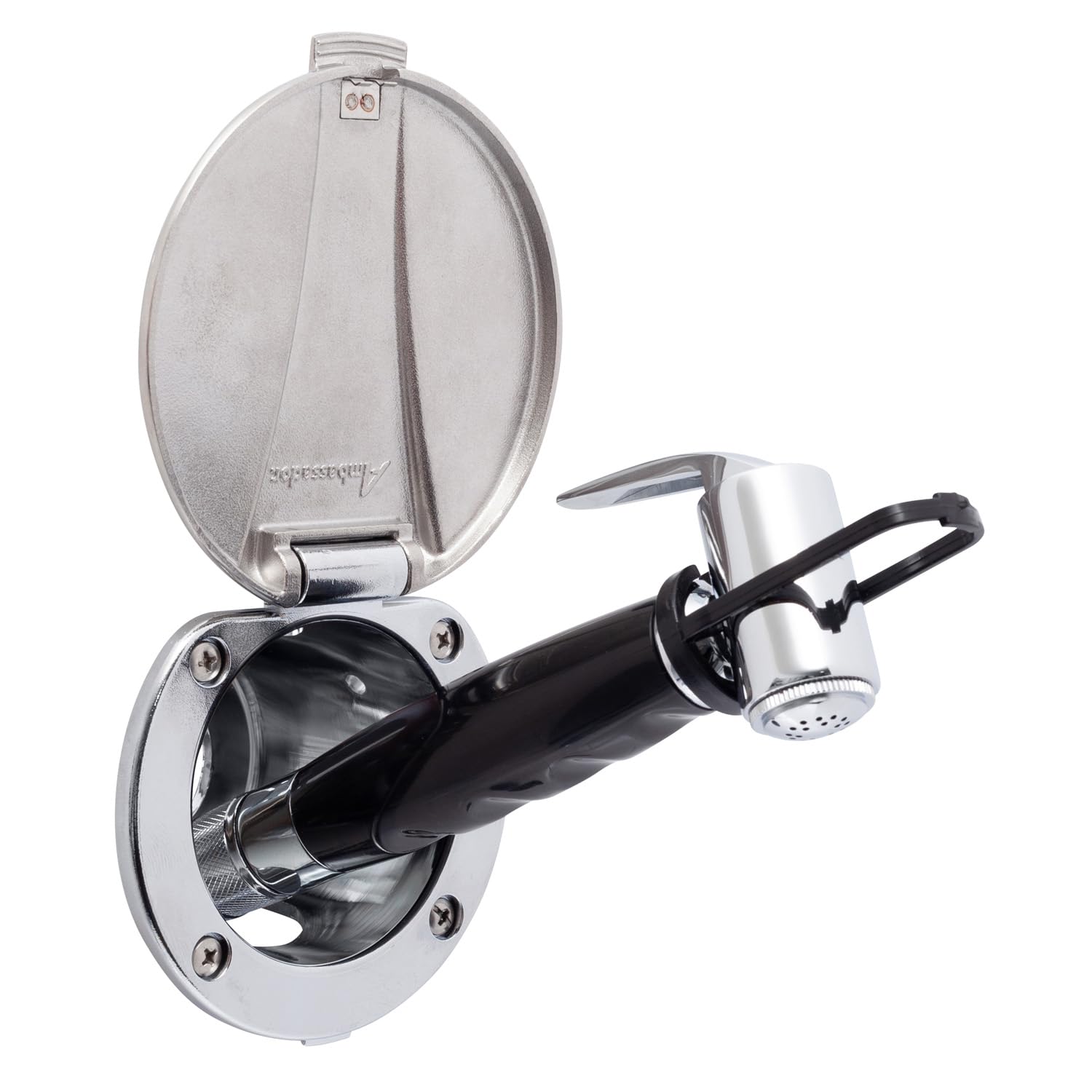 Recessed Shower- Chrome Cup with Stainless Steel Lid, Hammer-Head Black Sprayer, 6' Black Rubber Hose - 136-0042-CP-W