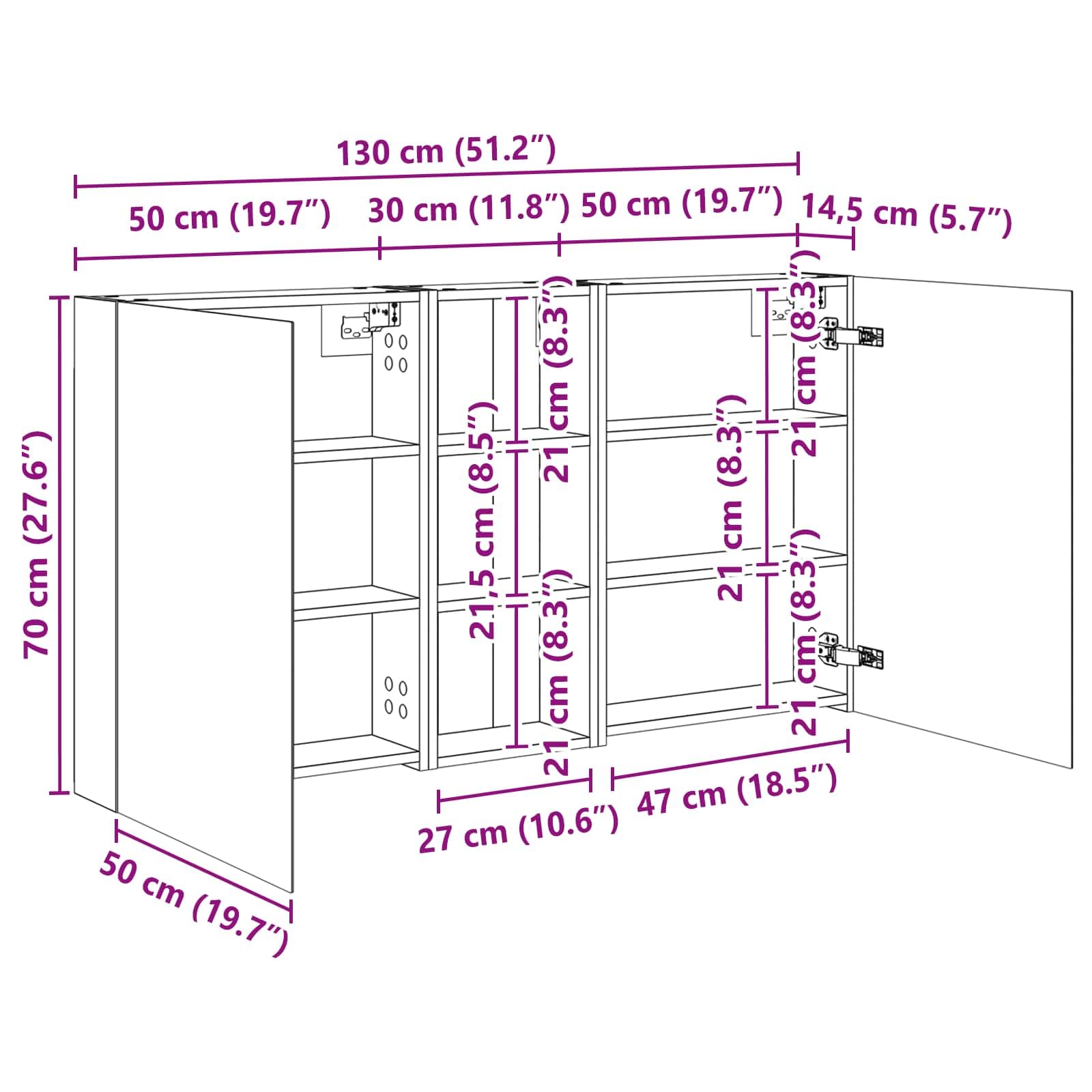 vidaXL Badezimmerschrank-Set 3 pcs 130 x 14,5 x 70 cm Holzwerkstoff, Badezimmer-Schrank, rechteckiger LED-Spiegel, moderner Wand-Organizer, praktischer Platzsparer