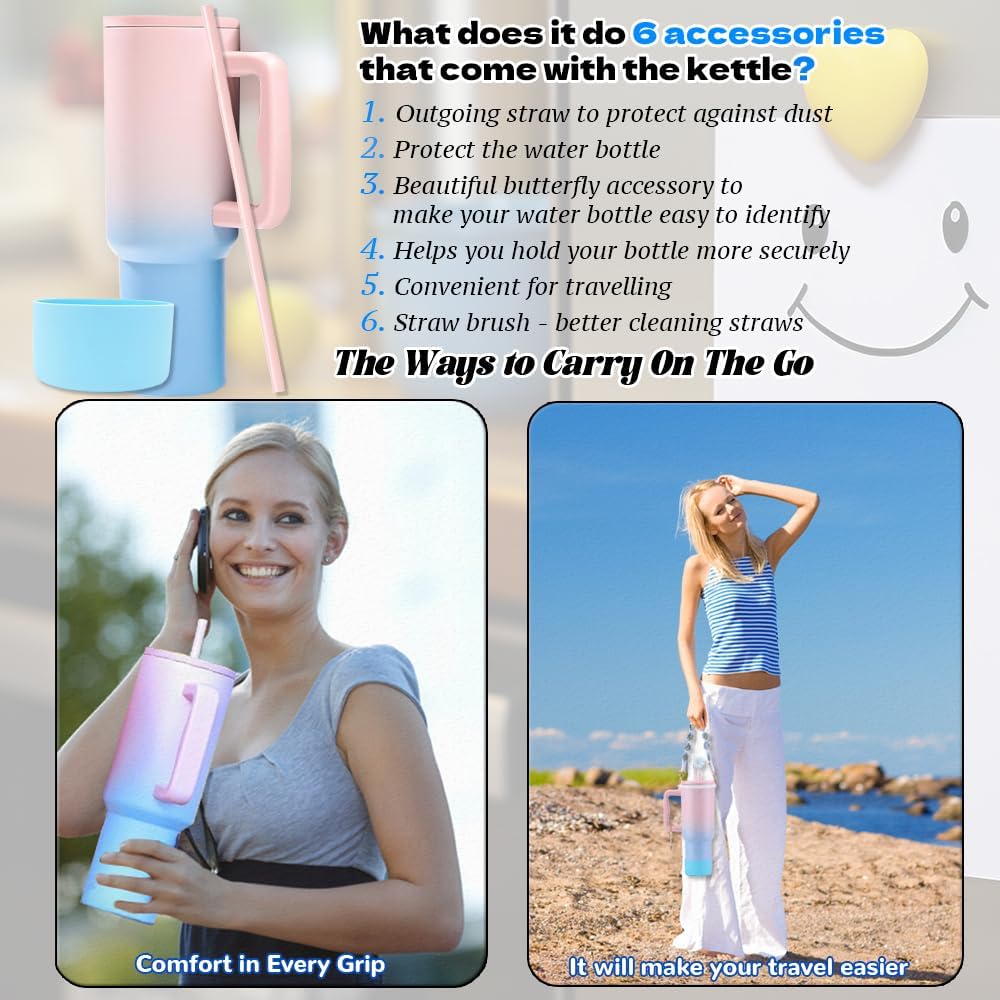 40 oz Tumbler with Handle and Straw & 6PCS Cup Accessories for 40 oz Cup - Vacuum Insulated Stainless Steel Double Wall Water Bottle Travel Coffee Mug - Holiday Gifts for Women Men (Bubble) - Image 8