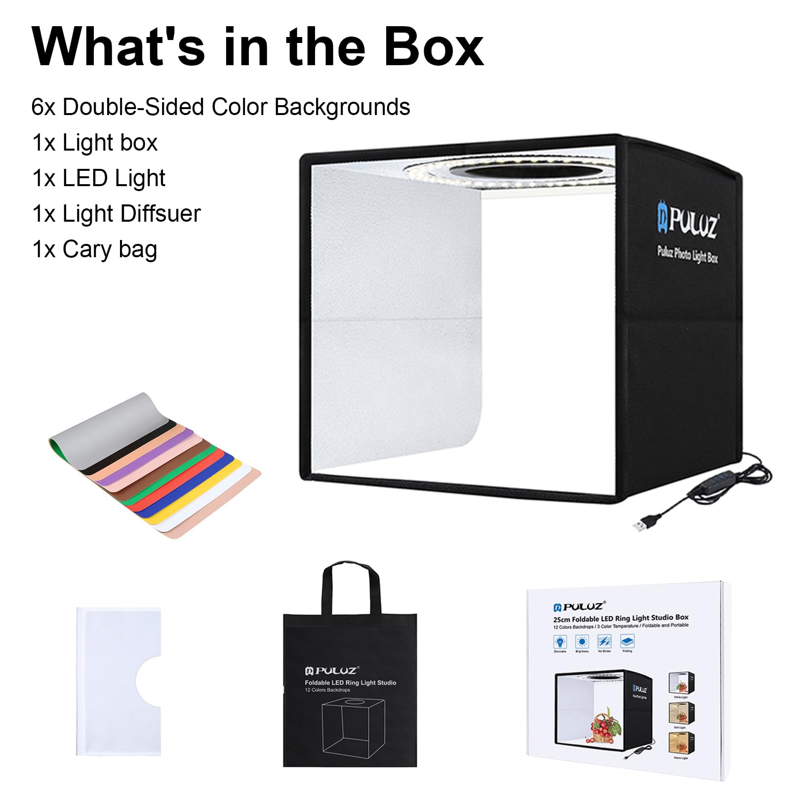 Mini boîte à lumière 25x25cm, PULUZ Professional Protable Photo Studio Box Tent Kit with Dimmable 3 Colors Temperatures 96pcs LED Lights CRI ＞90 & 12 Photo Backgrounds for Small Product Photography