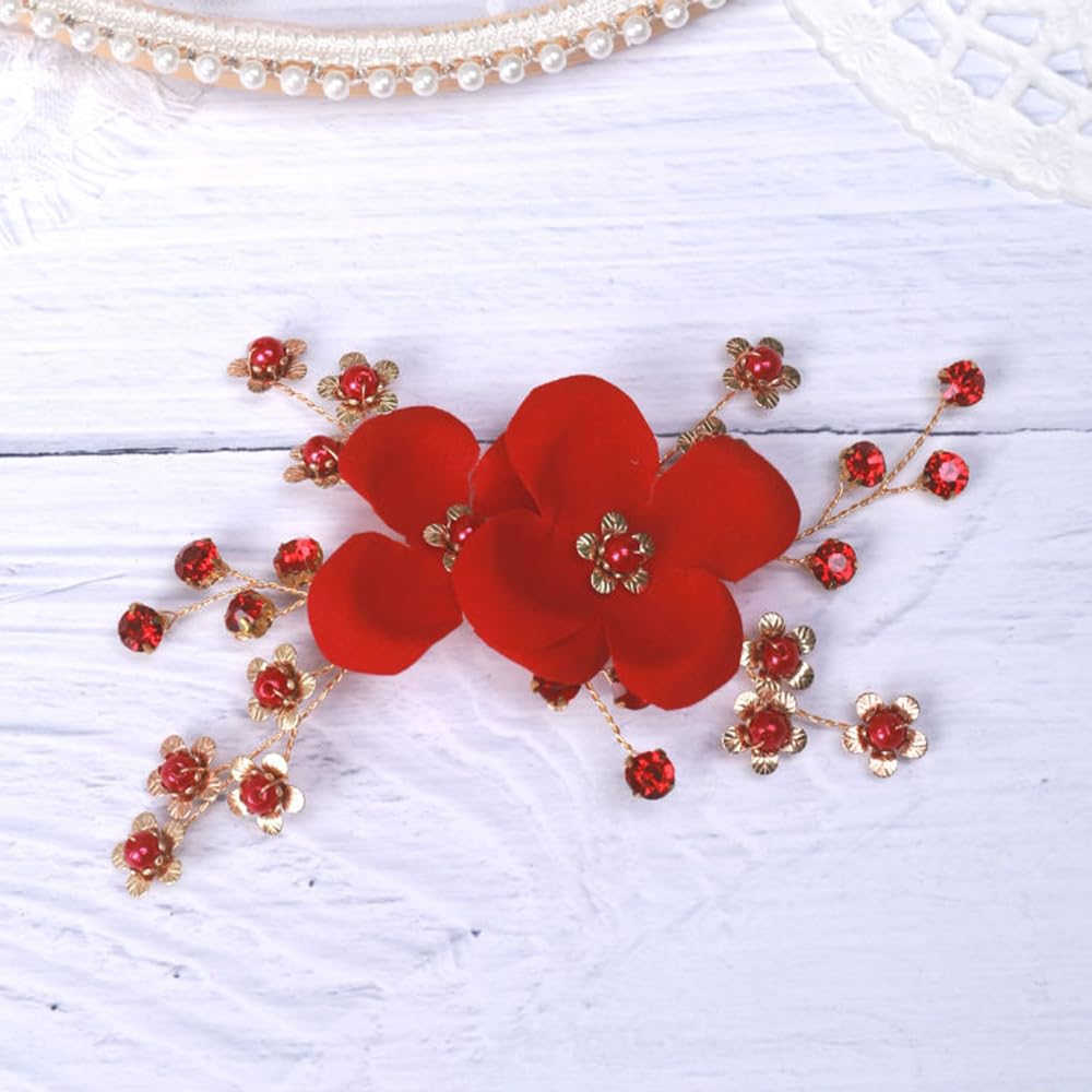 Teyglen Red Flower Wedding Hair Clip Pin Rhinestone Bridal Hair Clip Handmade Red Crystal Pearl Hair Barrette Wedding Headpiece Hair Accessories for Women