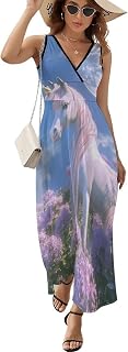 Unicorm with Pastel Mane Womens Maxi Dress Summer Sleeveless V Neck Sundress Long Dresses for Cocktail Party Wedding Guest