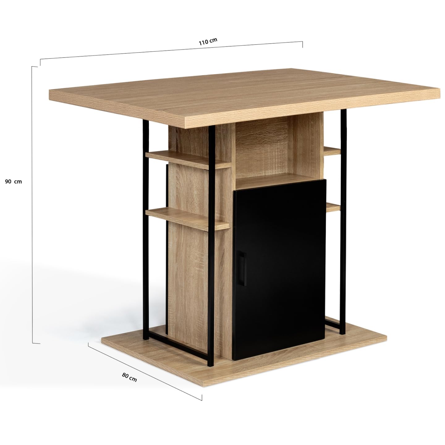 IDMarket - Ensemble ilot Central 110 cm Bois Noir et Imitation hêtre et 4 tabourets Design Industriel