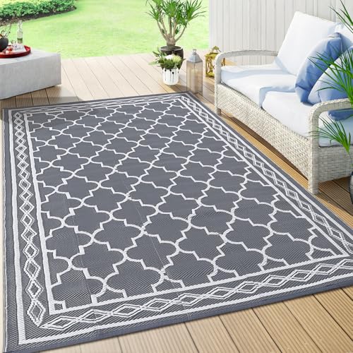 GAOMON Outdoor Rug Waterproof 8'x10', Reversible Outdoor Plastic Straw Rug, Boho Patio Rug, Indoor Outdoor Carpet, RV Mat Outside for Patio, Camp, Picnic, Balcony, Deck, Grey/White(Geometric