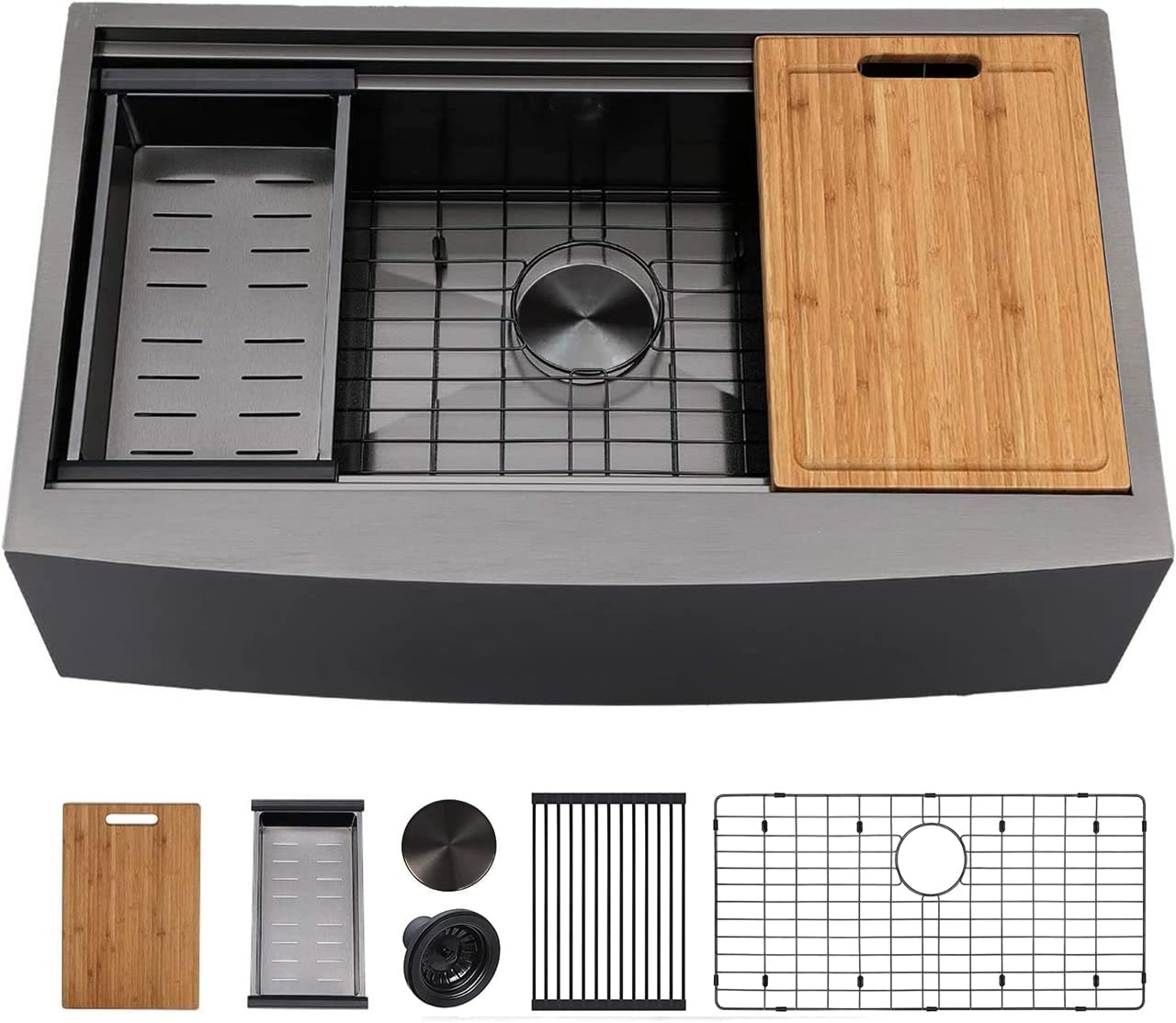 33 inch Black Farmhouse Sink,Stainless Steel Single Bowl Farmhouse Kitchen Apron Front Farm Sink with Workstation Ledge and Accessories