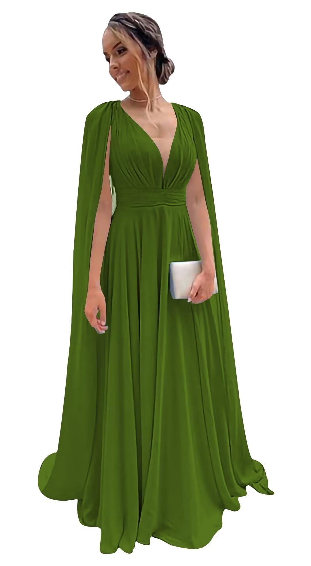 CRIEBDK Chiffon Bridesmaid Dress for Women Cape Sleeve V-Neck Formal Evening Gowns with Pocket LBC020
