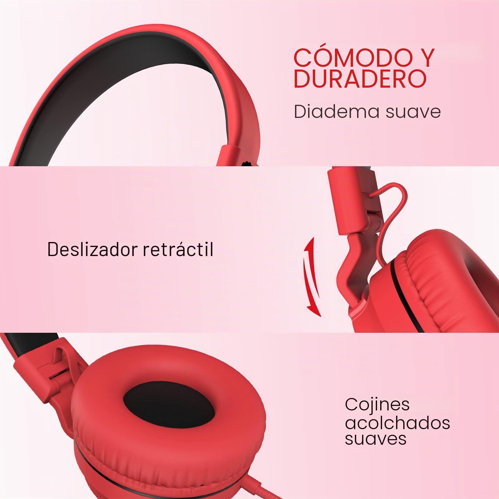 RockPapa Auriculares On-Ear, Auriculares con Cable y Microfono, Ligeros, Cómodos y Plegables Audifonos para Niños Estudiantes Adolescentes, para PC/Mac/portátil/teléfono/DVD-Negro Rojo