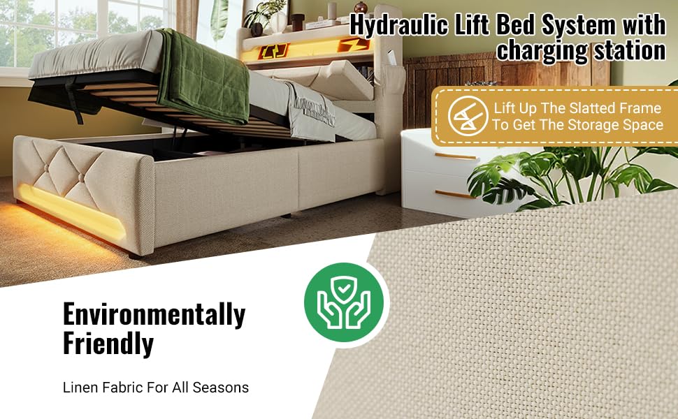Gecheer Polsterbett Doppelbett 140 * 200, Stauraum Kopfteil mit USB und Typ C-Port, 360-Surround-LED-Funktion, Betten mit Hydraulisch Stauraum, Leinen, Beige for Schlafzimmer – Bild 7