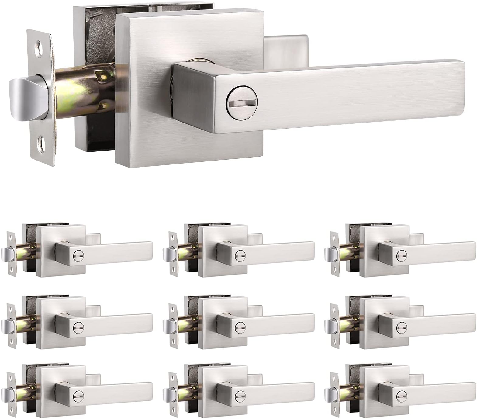 15 Pack Knobonly Square Privacy Door Handle Keyless Lockset Brushed Nickel Bedroom Bathroom Interior Lever Locked Inside with Turn-Button
