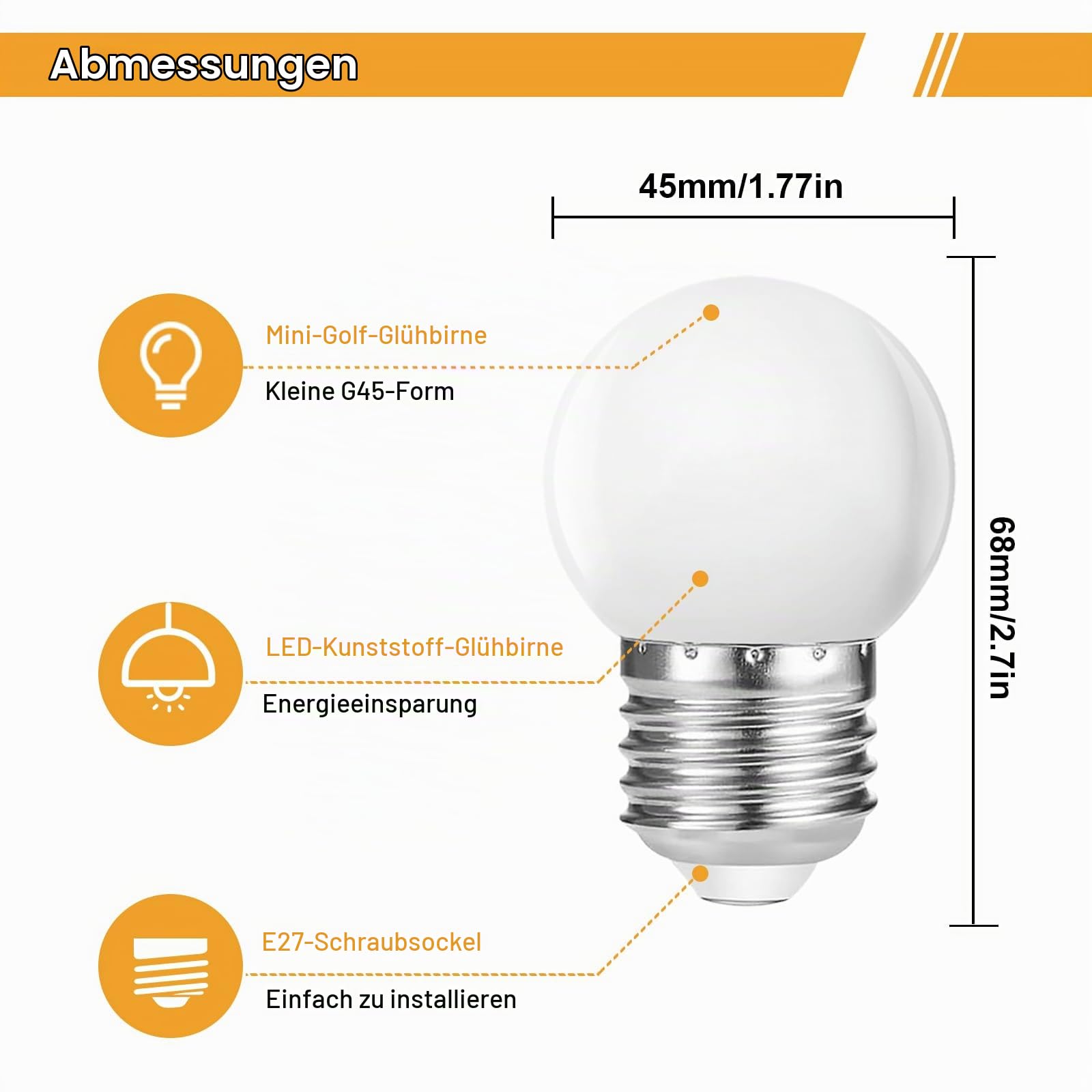 40 Stück 3W E27 G45 LED lampe für Lichterkette, LED Warmweiß 2700K, Kunststoff Cover,E27 Innen und Aussenbereich, 155lm, AC220V