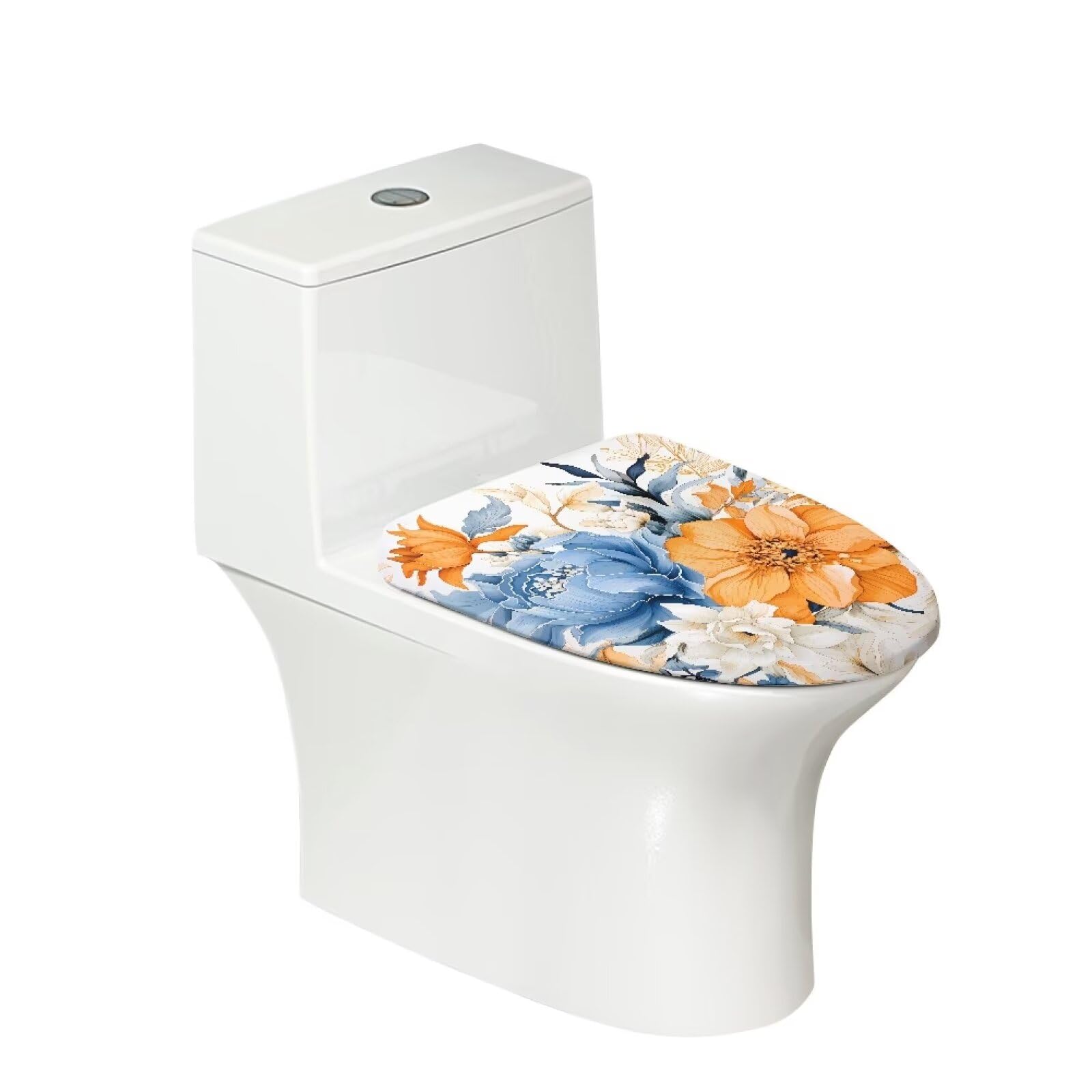 Wiryuouvt Blue Flowers Toilet Lid Cover Orange Flowers Toilet Seat Lid Covers Set Cover for Toilet Seat Universal Toilet Tank Lid with Retractable Belt Decoration Washable