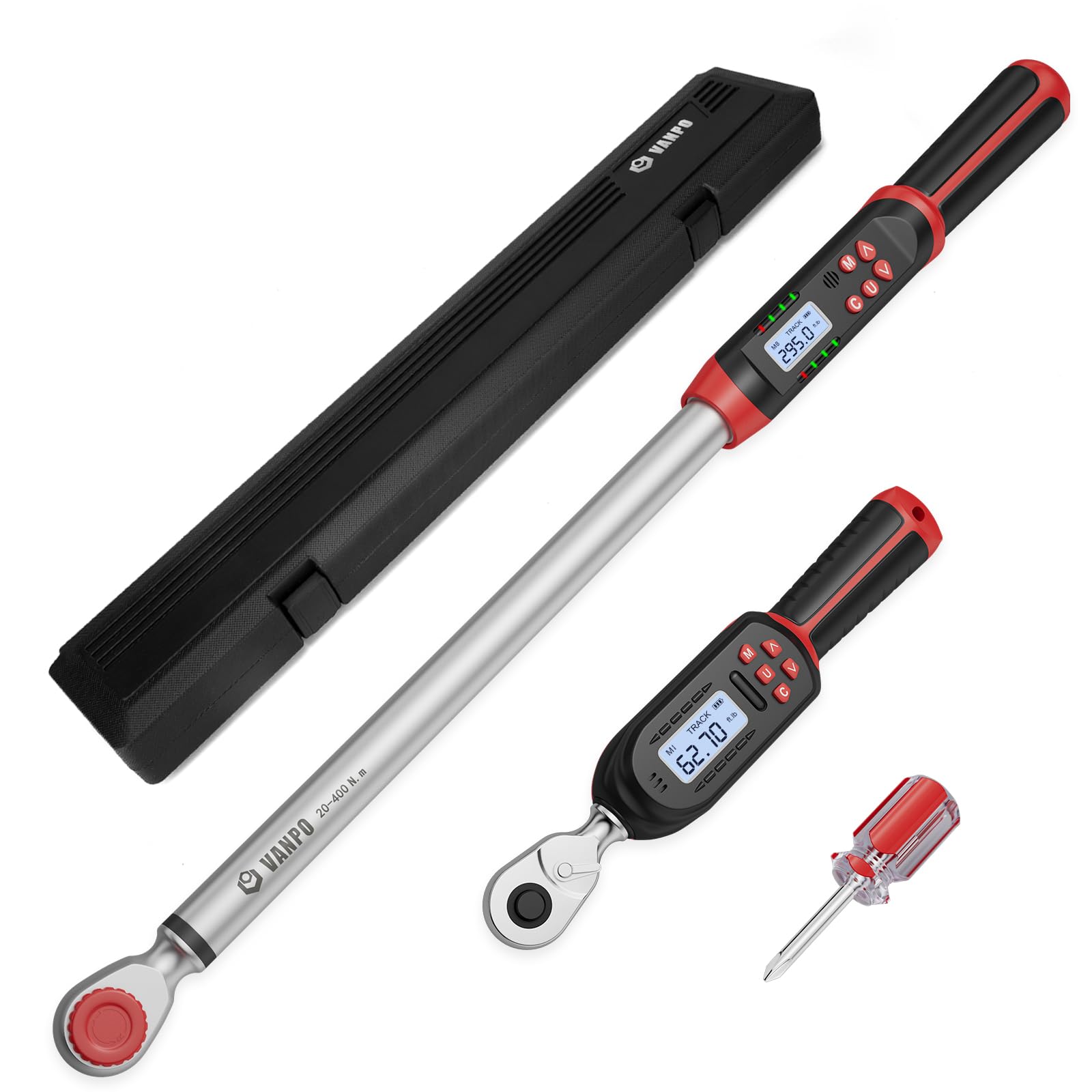 VANPO Digital Torque Wrench Set, 2Pcs 3/8" (3.1-62.7Ft.lb/4.2-85Nm) & 1/2" (14.7-295Ft.lb/20-400Nm) Electronic Torque Wrench with Buzzer, LED Indicator, Preset Value, Data Storage for Bike, Moto, Car