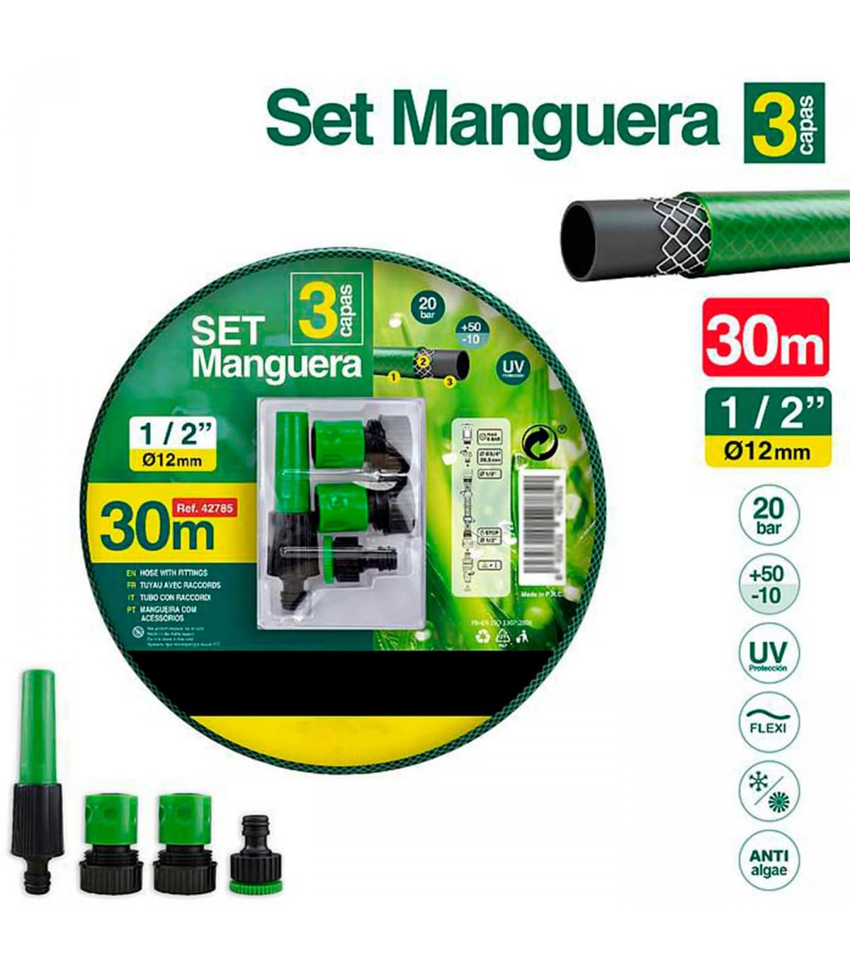 YIJIA | Manguera de jardín - Set Manguera con Conexión y Boquillas para Riego Reforzada 3 Capas, Presión de rotura de 20 bar - Diámetro Ø1/2" (12mm), Verde, Longitud de 30 Metros