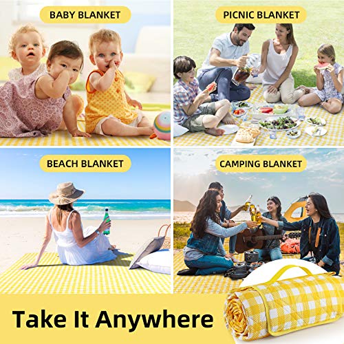 Lahawaha Extra Large Picnic Blankets, 80\'\'x80\'\' Washable Waterproof Foldable Oversized Picnic Mat Blanket for Beach, Camping On Grass (Yellow and White). - Thumbnail 4