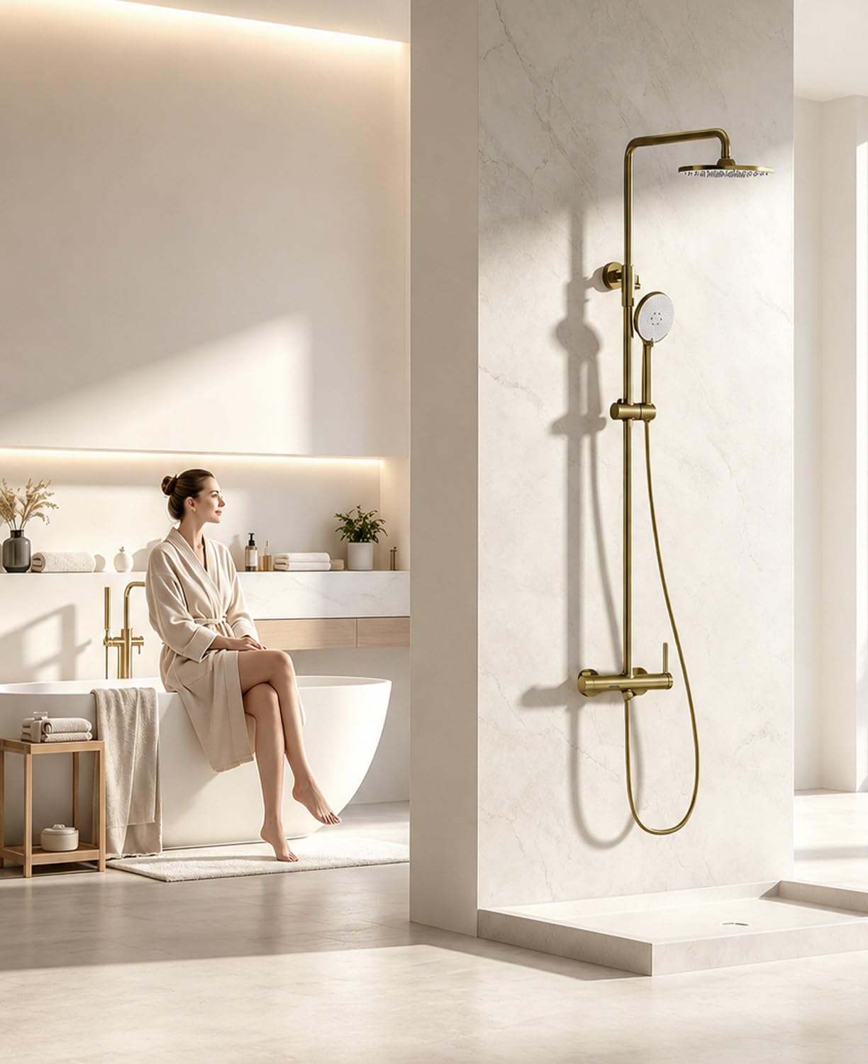 Duschsystem,Duscharmatur Komplettset gold 3 in 1, mit 23 cm Regenduschkopf | Duscharmatur Set gold mit Handbrause 3 Modus, wasserfall Badewannenarmatur, Duschsäule Messing, Höhenverstellbar, Duschset