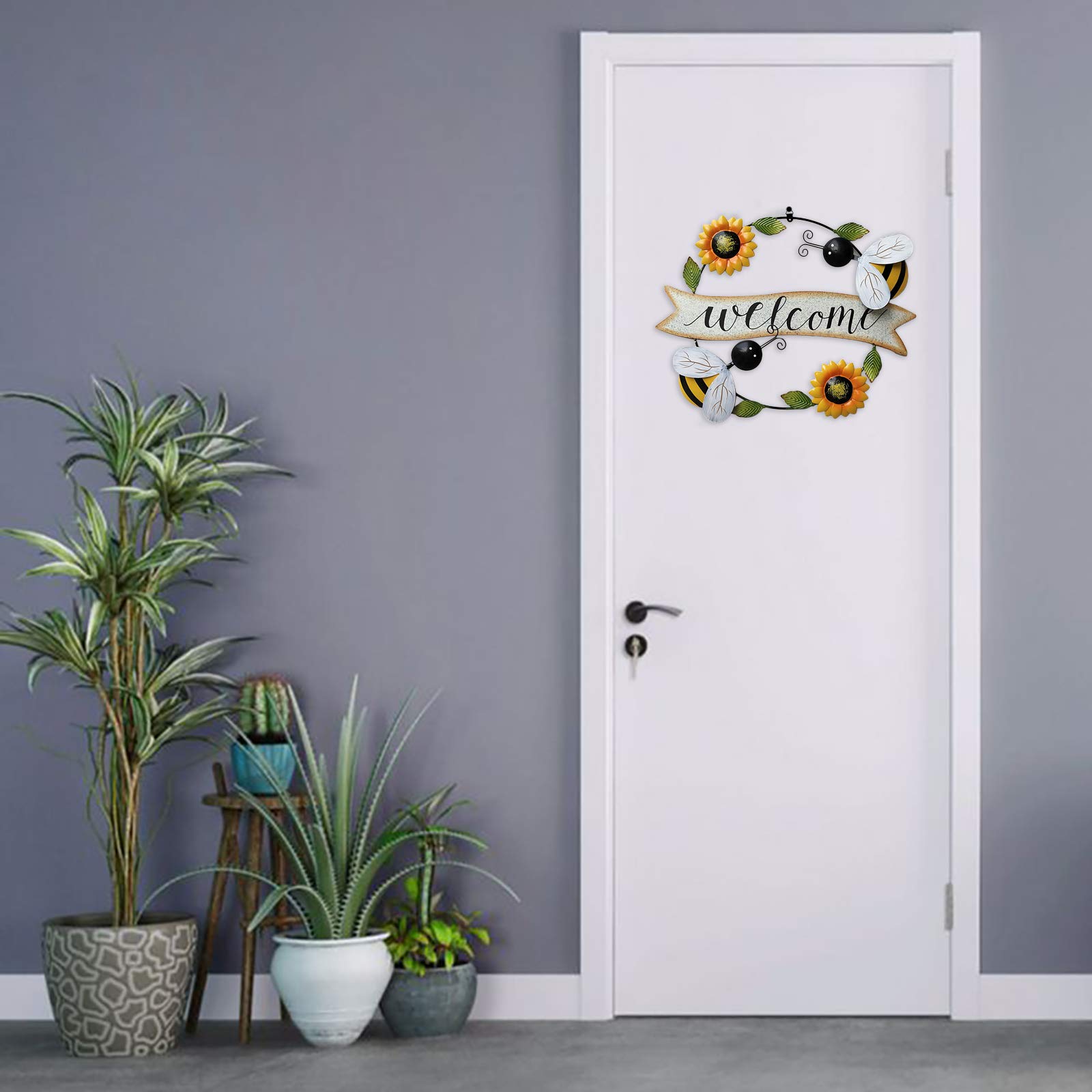 cartello di benvenuto da appendere in ferro da stiro, girasole scarabeo, cartello di benvenuto, decorazione da parete per la porta d'ingresso, per interni ed esterni, casa giardino
