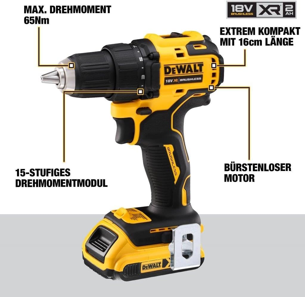 DEWALT18 Volt 2-Gang Akku-Bohrschrauber (bürstenloser Motor, Vollmetallgetriebe,15-stufiges Drehmomentmodul, 13 mm Schnellspann-Bohrfutter, 2x 2 Ah Li-Ion Akkus, Ladegerät, LED-Leuchte), DCD708D2T-QW