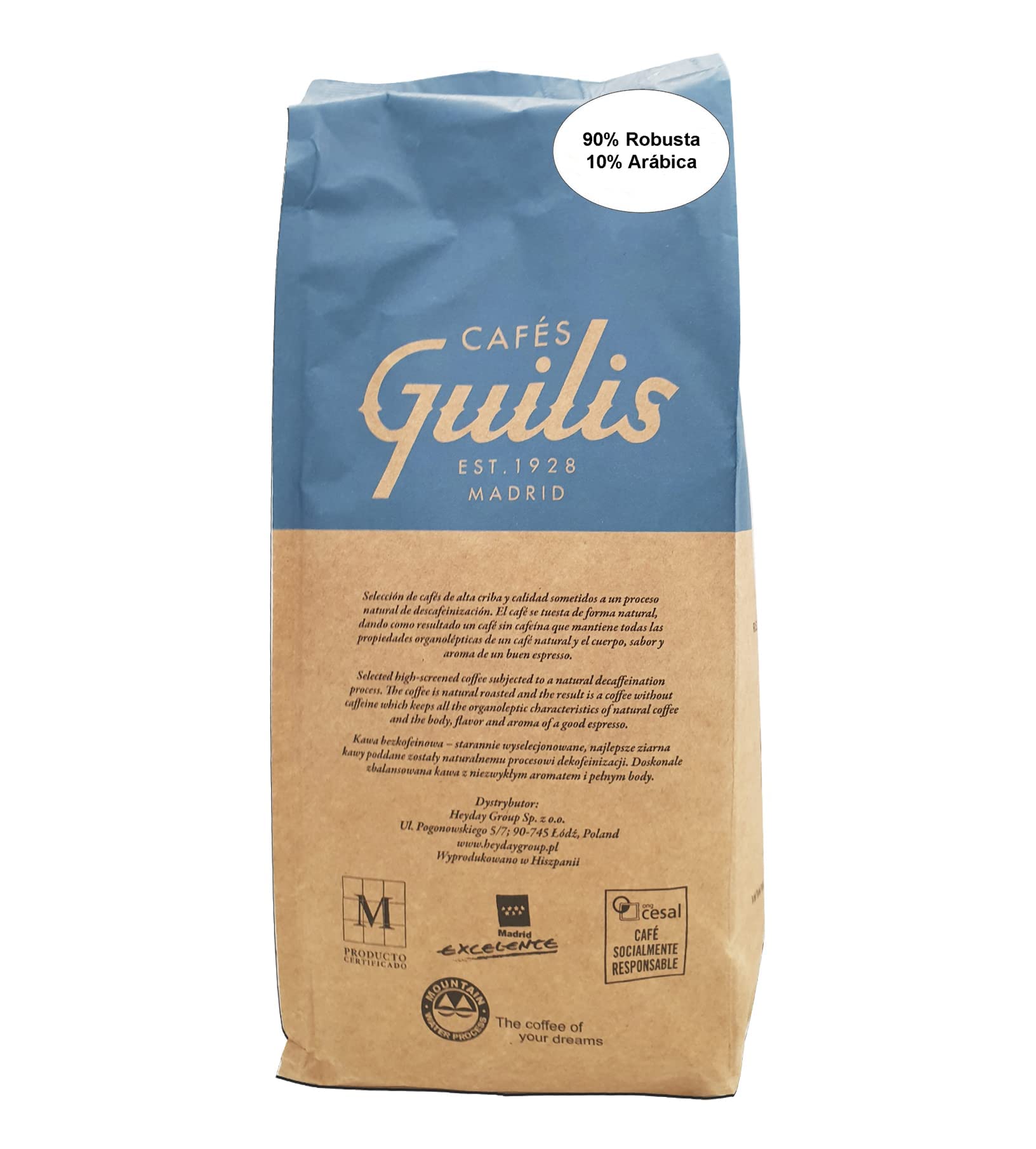 CAFES GUILIS DESDE 1928 Café Descafeinado en Grano 1 kg - Mezcla Intensa - Tueste Natural