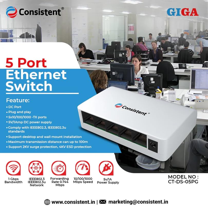 Image of Consistent 5-Port Gigabit Desktop Ethernet Switch (CT-DS-05PG) - 10 /100 /1000Mbps High-Speed Network Switch, Plug-and-Play, Sturdy Metal Casing for Home & Office Connectivity