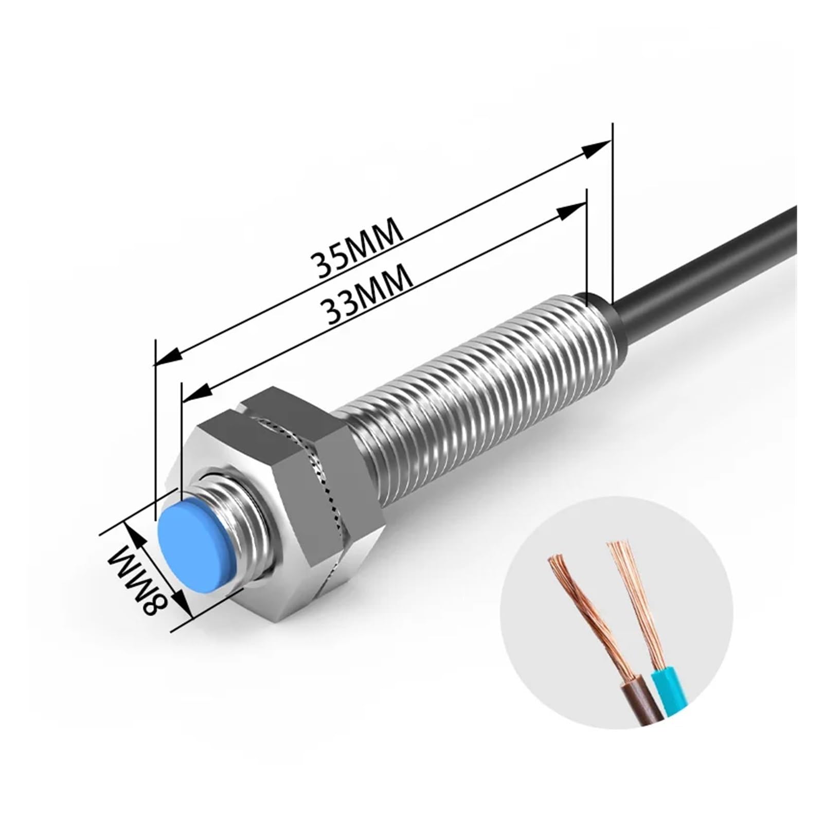 Sensore di prossimità Magnetico a Effetto Hall con Interruttore a Lamella LG08A3, Serie Cilindro M8, 5-200 V CA CC, Universale, 2 Fili No NC