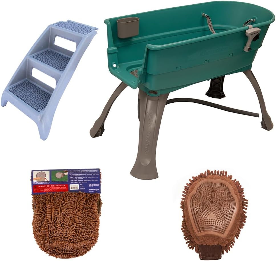 Booster Bath Elevated Pet Bathing Large Teal with Steps and Brown DGS Cleaning Crew Combo