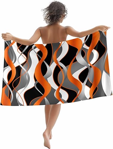 Miniatura 1 de Toalla de playa de gran tamaño con líneas abstractas, color naranja, negro, gris, blanco, 35 x 71 pulgadas, secado rápido, absorbente, manta de