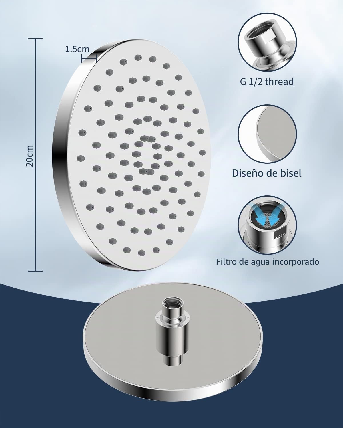 Alcachofas Fijas para Ducha Redonda 8 Pulgadas (20x20cm), Rociador Ducha Efecto Lluvi Grande, Cabezal de Ducha Ultra-Delgado de Alta Presión de Acero Inoxidable, Ángulo Ajustable y Giratorio, Cromado