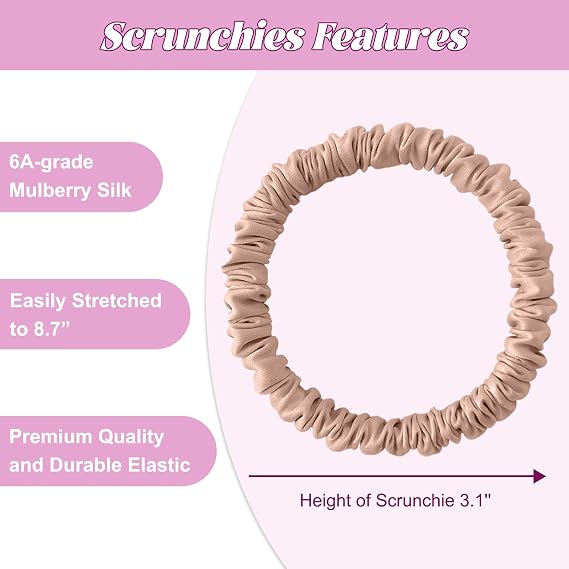 4Pcs Mulberry Silk Scrunchies Set, Silk Hair Ties Elastic for Women, Skinny Scrunchies Reduces Breakage for All Hair Types
