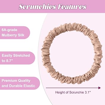 4Pcs Mulberry Silk Scrunchies Set, Silk Hair Ties Elastic for Women, Skinny Scrunchies Reduces Breakage for All Hair Types