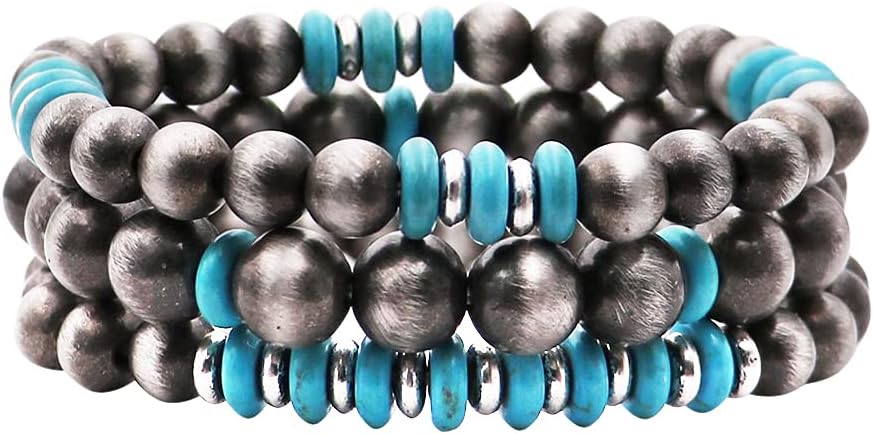 Rosemarie & Jubalee Women's Set of 3 Western Metallic Bead And Howlite Stone Stretch Bracelets, 6.75"