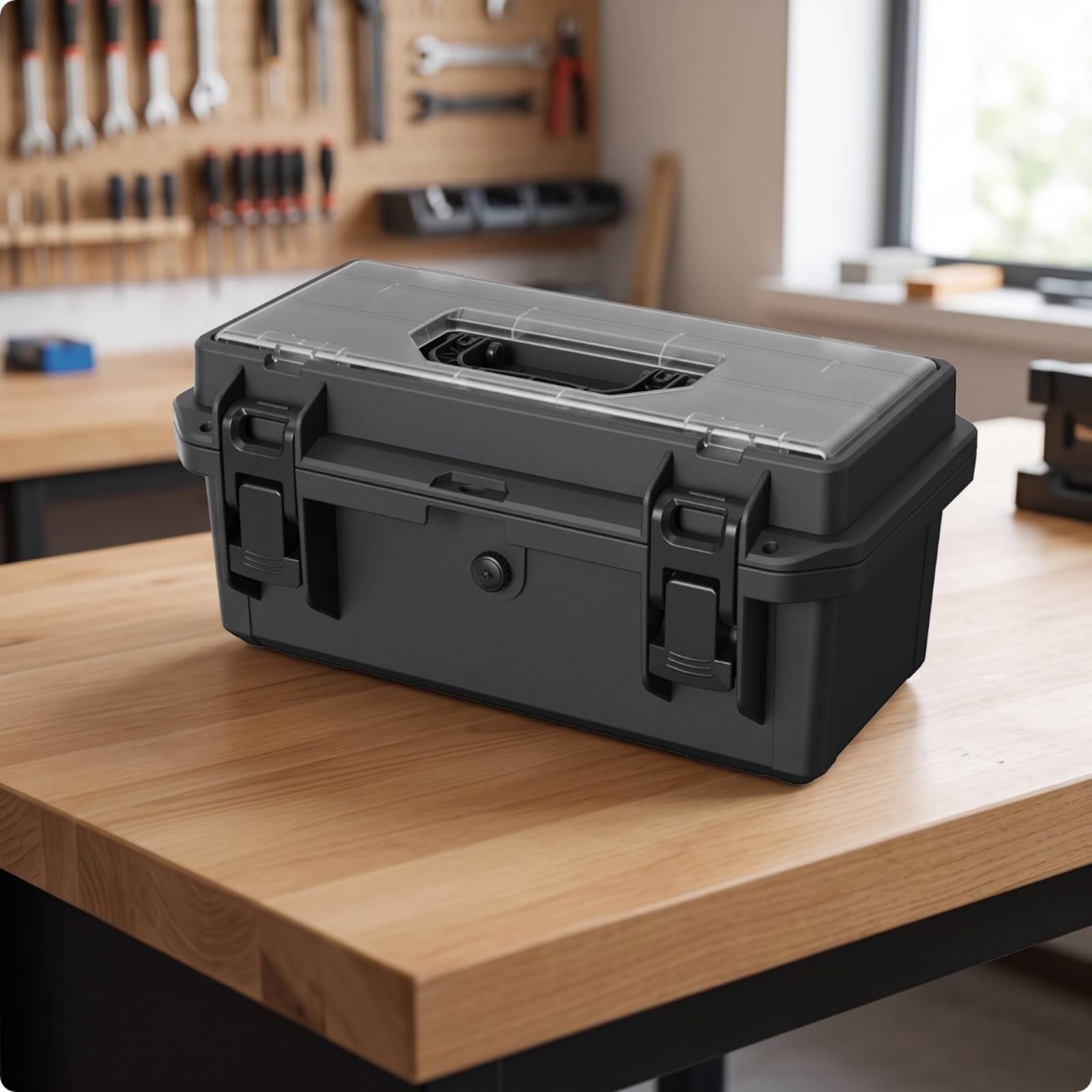 Organizador de Herramientas Caja de Almacenamiento Estuche Apilable Maletín Multiusos con Tapa con y Compartimento Asa de Mano Transporte Fácil PP, Negro, 17 Pulgadas, 2 Capas