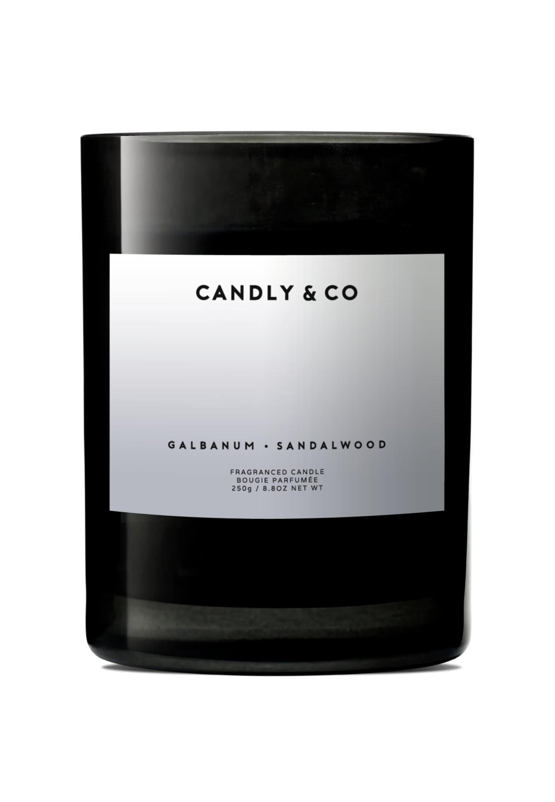 Candly&Co n. 6 Galbano - Sandalo/Candela profumata di lusso/100% soia/Vetro fumé/Stoppino in cotone/250 g/Galbano, Sandalo, Cardamomo, Ambra, Papiro, Camomilla/Fatto a mano nell'UE