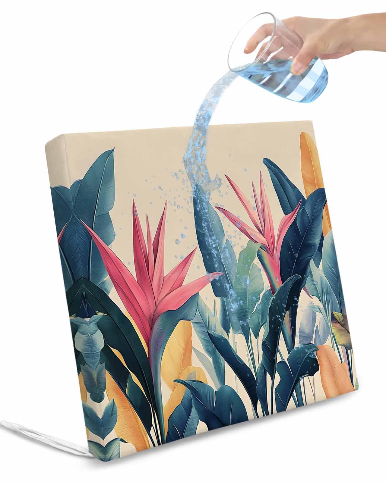 2 Pack Summer Leaves Waterproof Cushion Covers with Ties, Outdoor Patio Chaise Lounge Chair Seat Cushion Slip Covers Replacement(Only Cover) Retro Country Colorful Tropical Plant 24