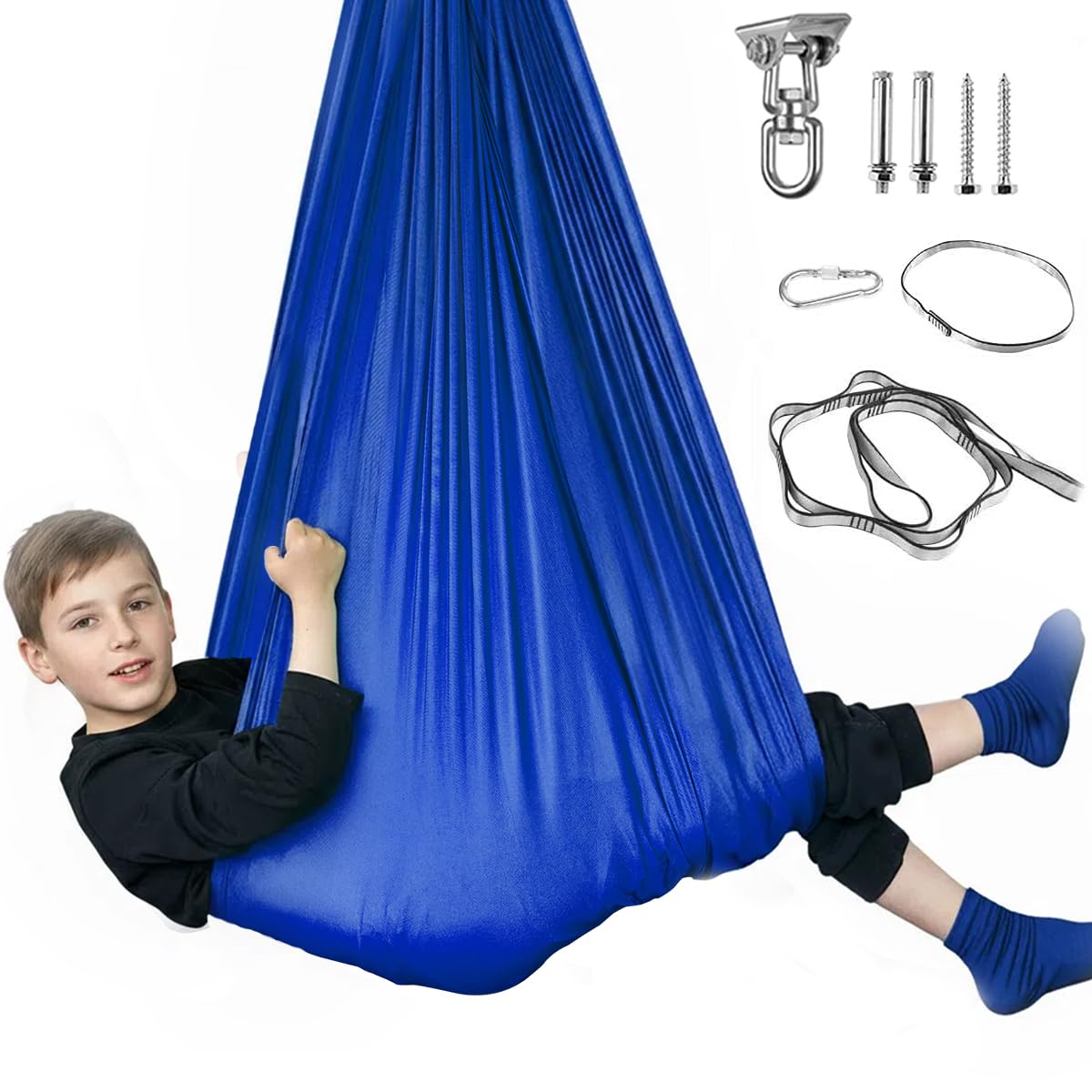 Sensory Swing for Kids &amp; Adults, Therapy Swing with 360° Swivel Hanger Kit for Autism, ADHD, SPD, Snuggle Swing Holds up to 300lbs has a Calming Effect on Children with Sensory Needs（Blue