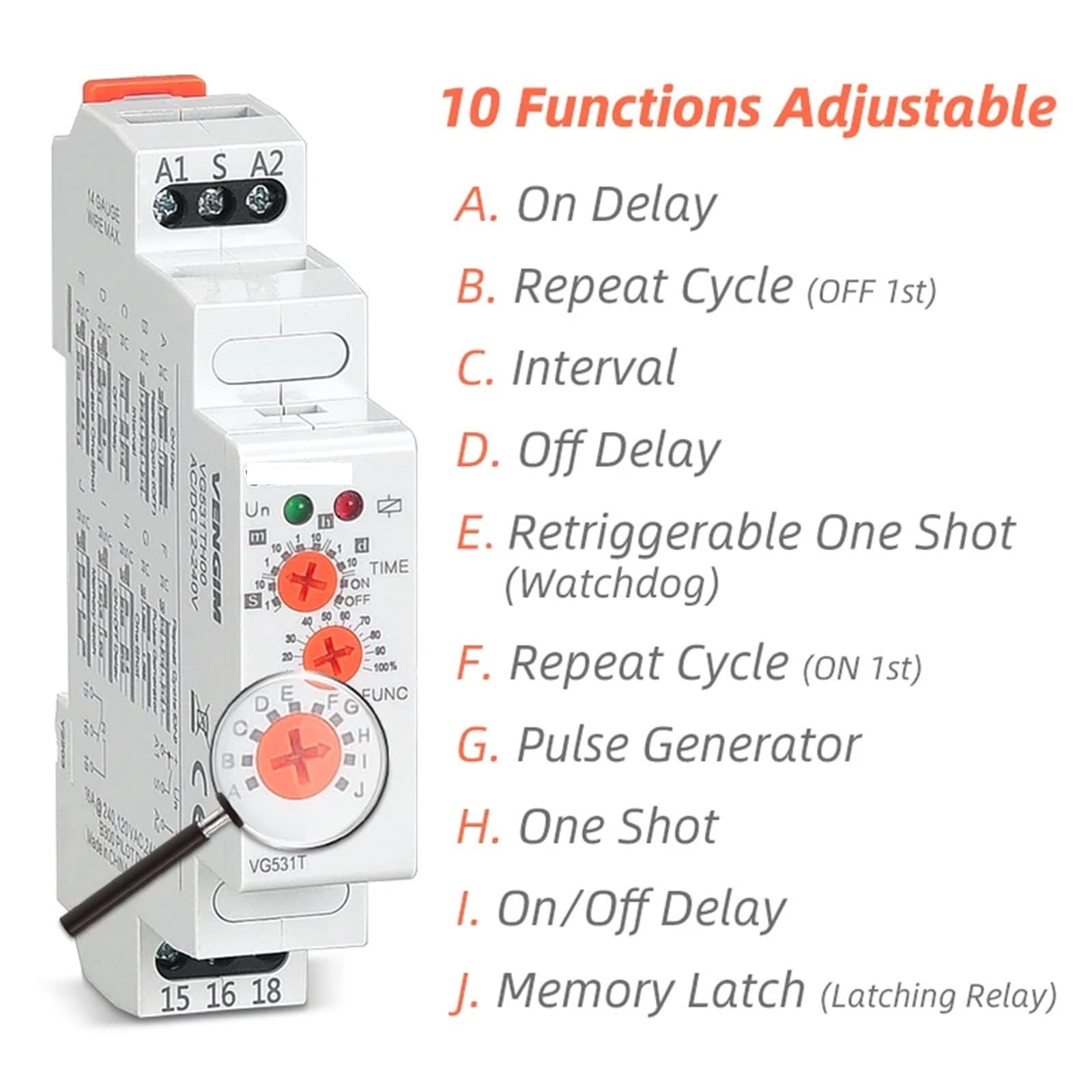 Relè temporizzato multifunzione 16A 12V 24V 220V 230Volt AC DC con 10 funzioni ritardo di disattivazione su guida Din