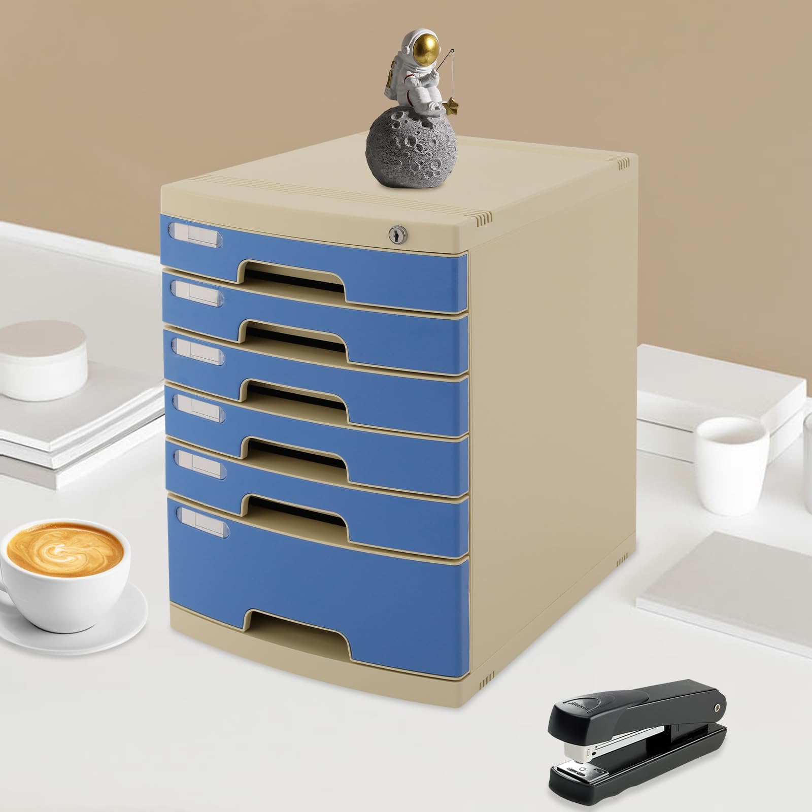 Organizzatore per cassetti da scrivania, in plastica, 6 ripiani, con serratura, per ufficio e casa, per documenti A4, 15,4 x 11,5 x 16,6 pollici (blu)