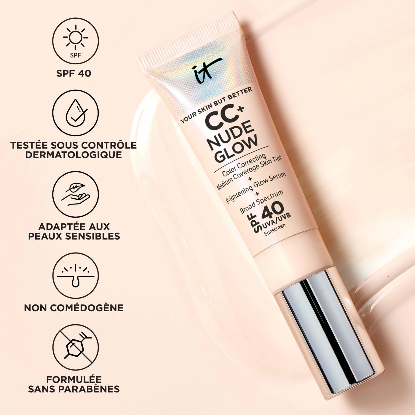 IT Cosmetics Crème CC+ Nude Glow, Couvrance Moyenne, SPF40, Fini Naturel