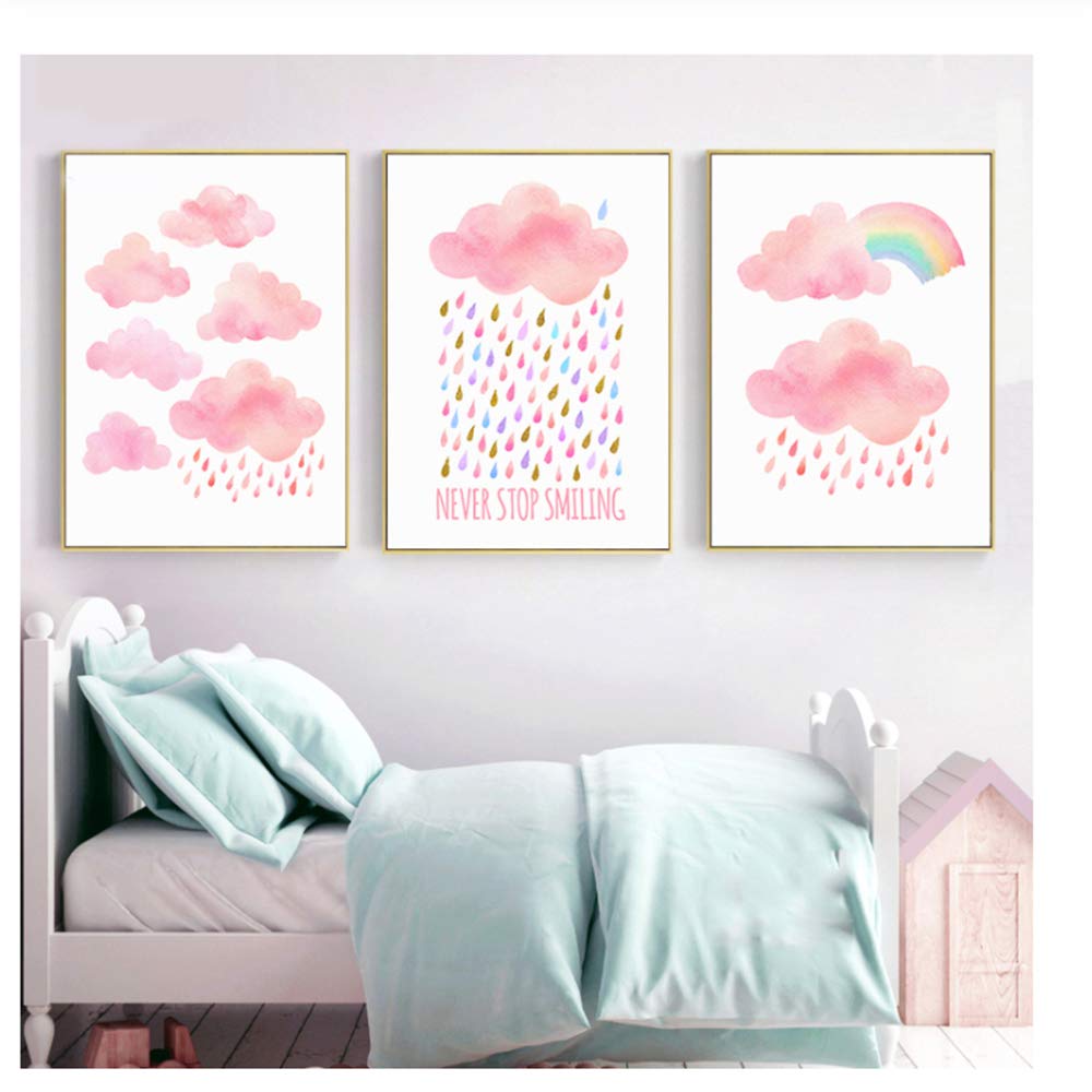 Imprimir Lienzo Pintura Marco de la habitación del bebé Decorativo Rosa de Dibujos Animados Nube y Gota de Lluvia Carteles y Arte de la Pared Imagen 50x70cm (19.7 "x27.6) x3 con Marco