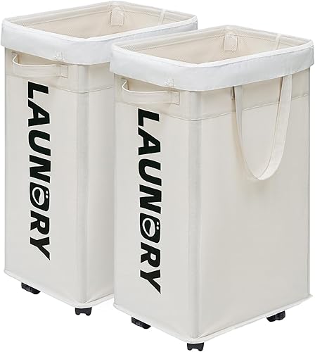 Goodpick Cestas de lavandería con ruedas y asa, paquete de 2 cestas plegables de 75 L, cesta de lavandería con bolsas de lavado extraíbles para