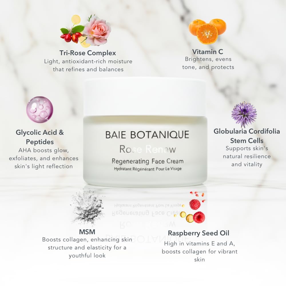 Baie Botanique Professionale Crema Anti-Età per il Viso 50ml - Cellule Staminali Vegetali, Acqua di Rose, Olio Semi di Cinorrodo e Assoluta di Rosa, Acido Glicolico - 98% Naturale, 70% Organica